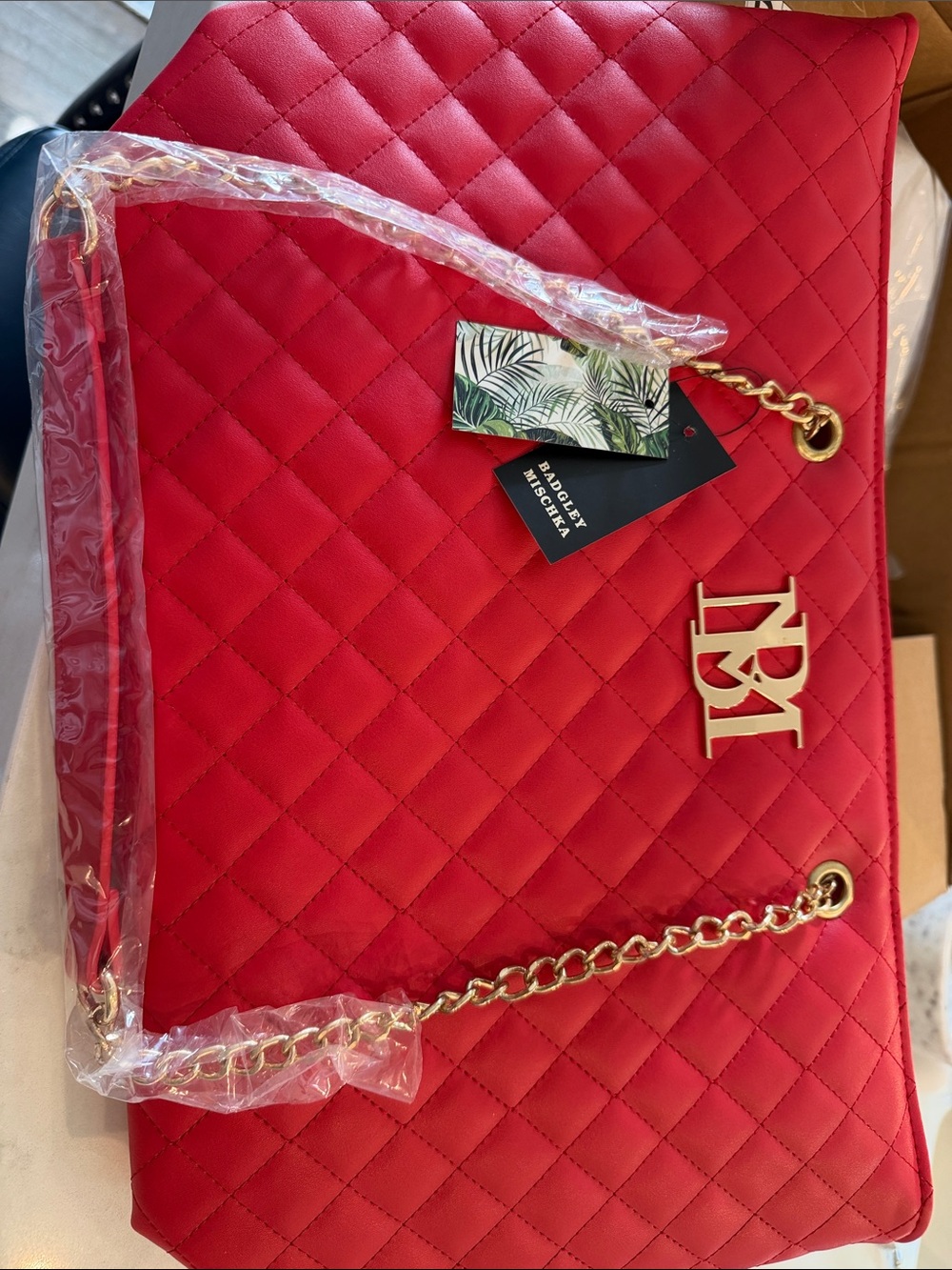 Badgley Mischka Quilted Red Shoulder Bag with Gold Hardware